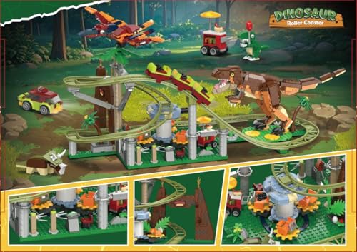 HOGOKIDS Dinosaur Roller Coaster Building Set - 1222PCS Rollercoaster Building Toy with 4 Dinosaur, Off-Road Vehicle, Food Cart, Dinosaur Models Playset Gift for Adults Kids Girls Boys Ages 8-12 Year