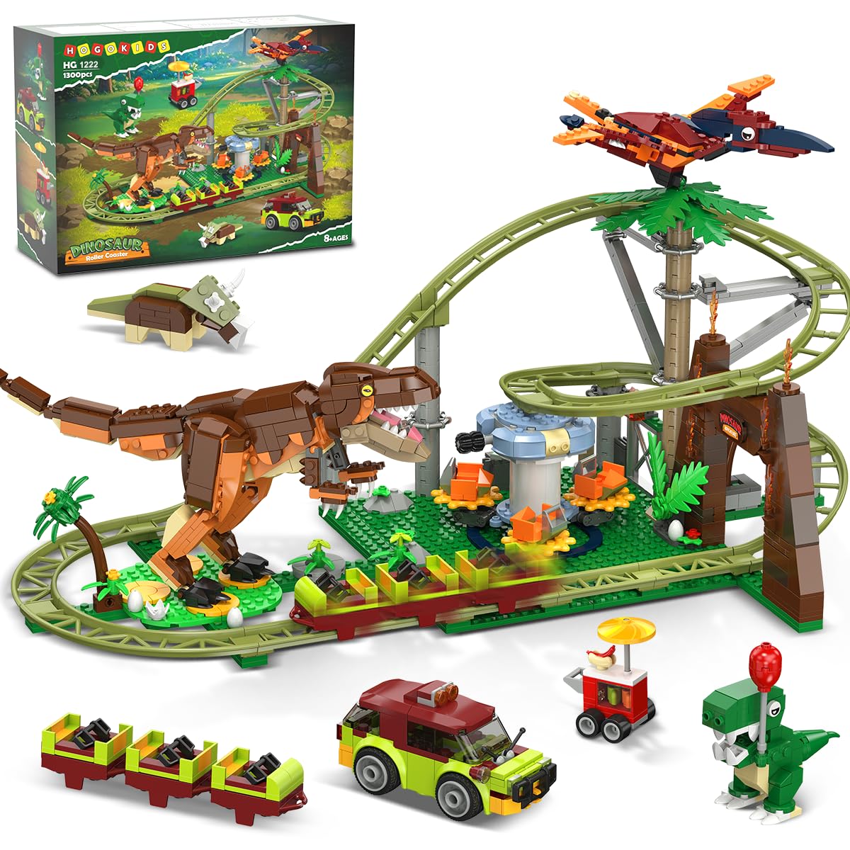 HOGOKIDS Dinosaur Roller Coaster Building Set - 1222PCS Rollercoaster Building Toy with 4 Dinosaur, Off-Road Vehicle, Food Cart, Dinosaur Models Playset Gift for Adults Kids Girls Boys Ages 8-12 Year