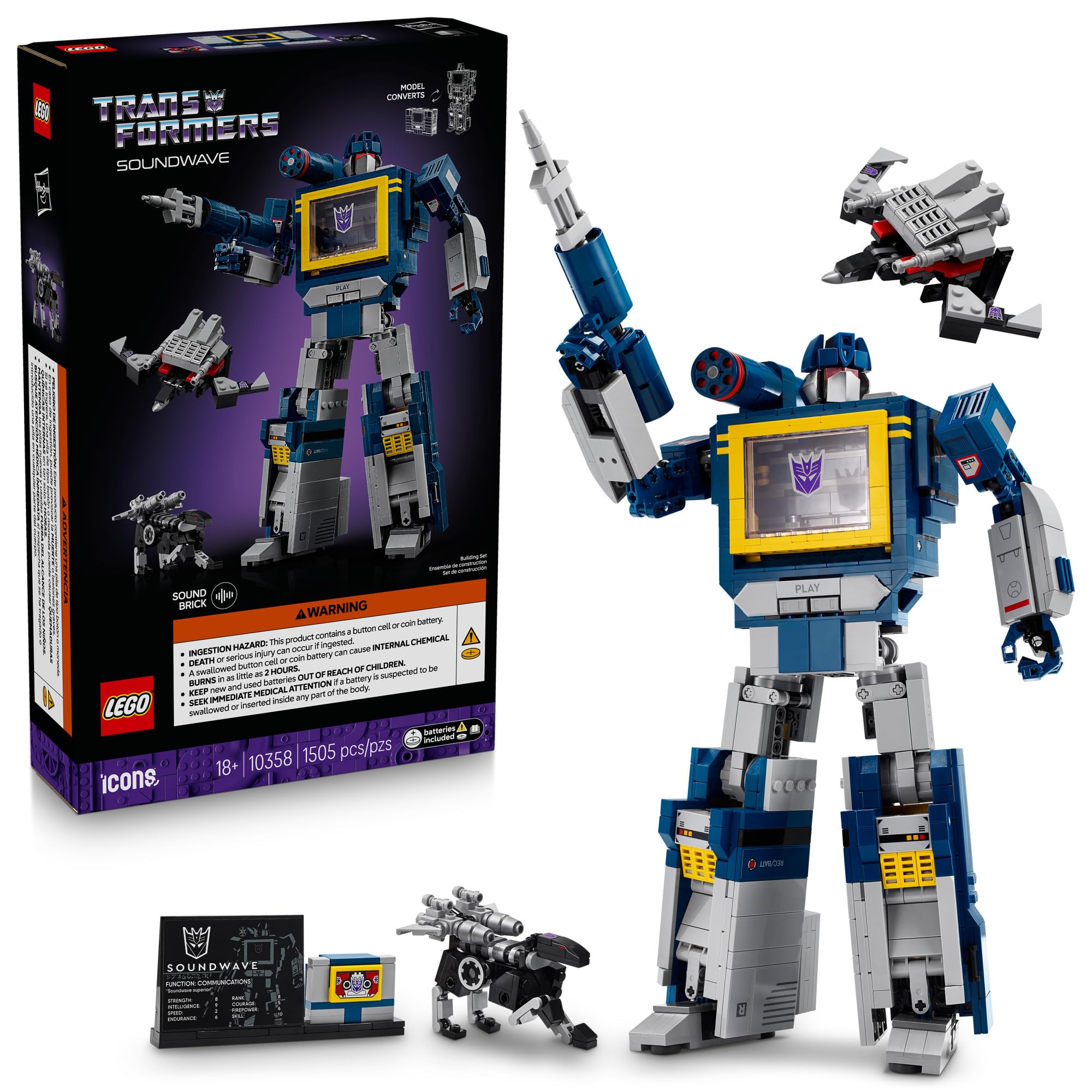 LEGO Icons Transformers: Soundwave - Building Set W/Sound Effects for Adults, 18+ - Model Kit W/Ravage & Laserbeak Figures - DIY Home Decor - Collectible Gift Idea for Sci-FI & Movie Fans - 10358